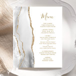 Budget Grey Agate Gold Script Weduwmenu<br><div class="desc">De linkerrand van dit elegante moderne trouwmenu kenmerkt een grijze en witte waterverf agate grens die met faux goudglitter wordt getrimd. De aanpasbare tekst combineert wit goud-gekleurd handschrift manuscript en copperplate doopvonten op een witte achtergrond. De achterzijde is voorzien van een passend grijs en goudvormig ontwerp.</div>