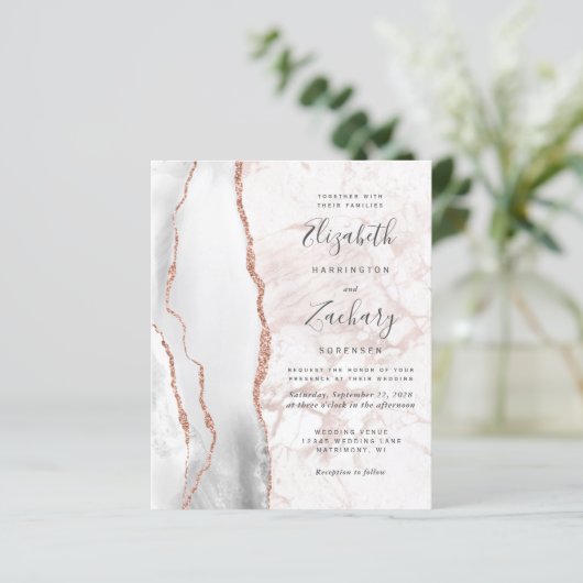 Budget Grey Agate Roos Gold Marble Wedding Invite (Staand voorkant)