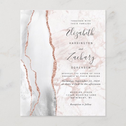 Budget Grey Agate Roos Gold Marble Wedding Invite (Voorkant)