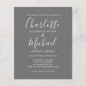 Budget Grey and White Script Weduwen Uitnodiging (Voorkant)