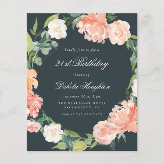 Budget Grey Blush Waterverf Floral Birthday Party (Voorkant)