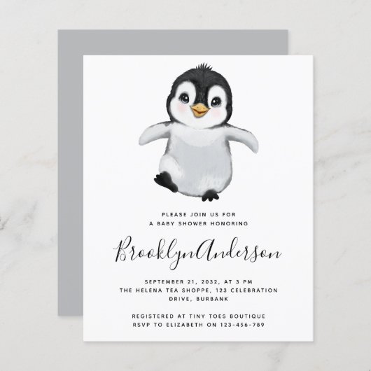 BUDGET Grey Penguin Baby shower Uitnodiging (Voorkant / Achterkant)