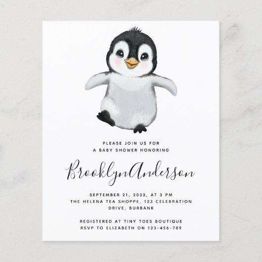 BUDGET Grey Penguin Baby shower Uitnodiging (Voorkant)