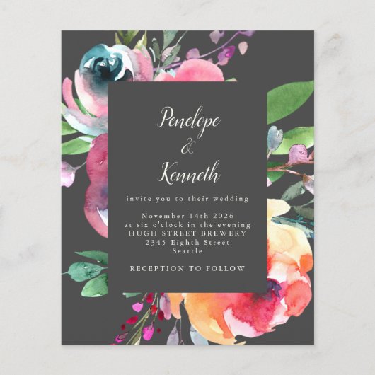 Budget Grey Waterverf Floral Elegant Wedding (Voorkant)