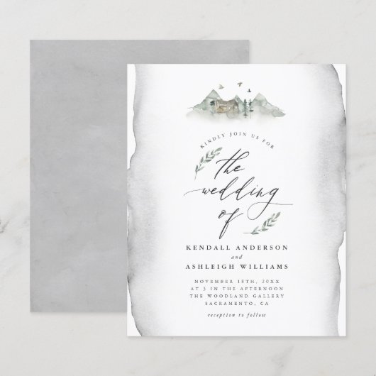 Budget Grey Waterverf Leaves & Mountain Wedding (Voorkant / Achterkant)