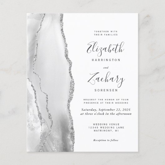Budget Grey White Silver Agate Wedding Uitnodiging (Voorkant)