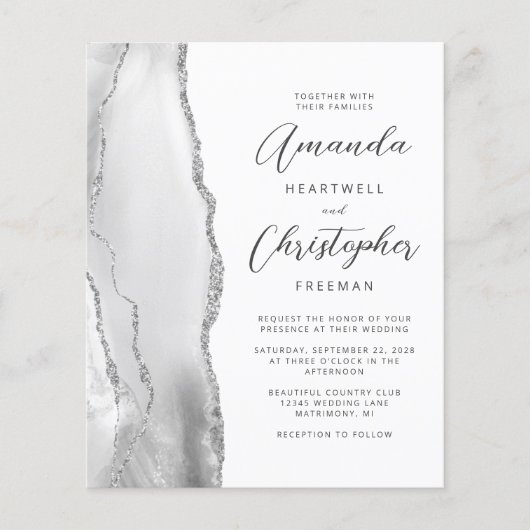 Budget Grey White Silver Agate Wedding Uitnodiging (Voorkant)