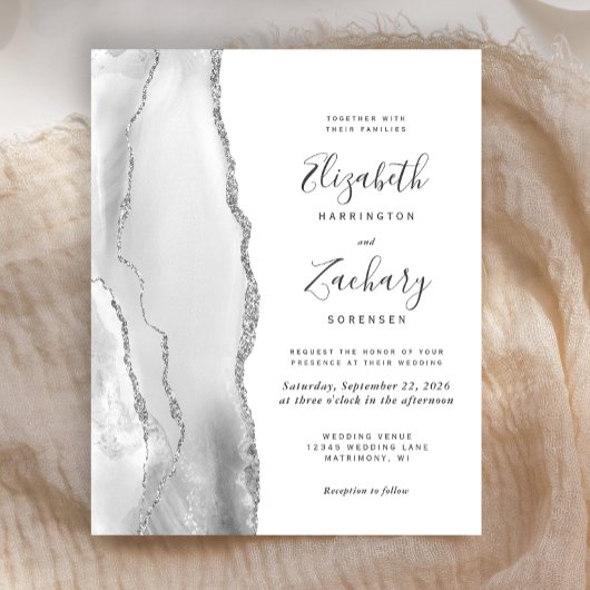 Budget Grey White Silver Agate Wedding Uitnodiging