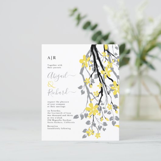 BUDGET Grijs en gele bloemen trouwuitnodiging (Staand voorkant)