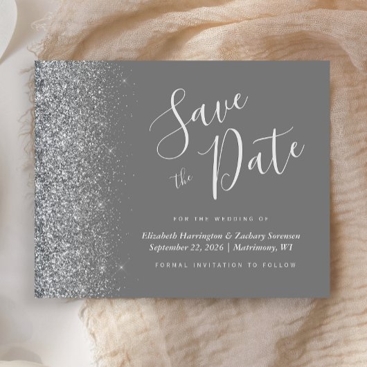 Budget Grijs Zilver Glitter Huwelijk Save the Date