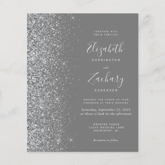 Budget Grijs Zilver Glitter QR Code Huwelijksuitno (Voorkant)