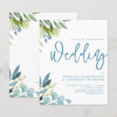 Budget groen blad Blauw Huwelijksuitnodiging (Voorkant / Achterkant)
