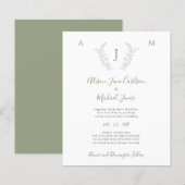 Budget groen blad monogram trouw uitnodiging (Voorkant / Achterkant)
