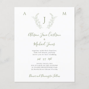 Budget groen blad monogram trouw uitnodiging