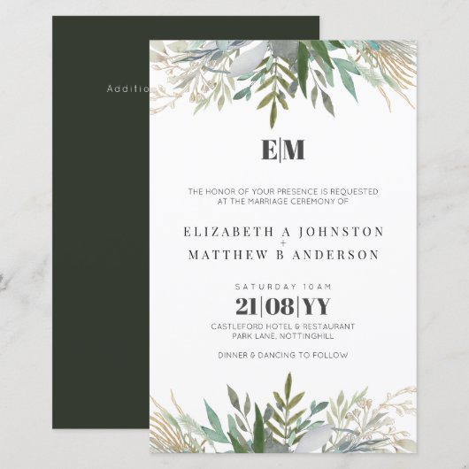 Budget groen blad typografie huwelijksuitnodiginge (Voorkant / Achterkant)