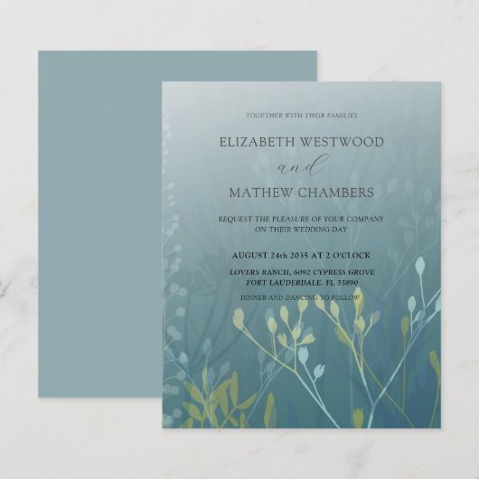Budget groen blauw blad bruiloft uitnodiging (Voorkant / Achterkant)