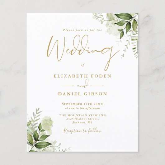 Budget groen bloemengoud bruiloft uitnodiging (Voorkant)