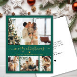 Budget Groen Goud 4 Foto Collage Kerst Kaart<br><div class="desc">Budget Modern Elegant Hartschrift 4 Fotocollage Vrolijk Kerstscript Vakantie Dunne Kaart. Let op: dunner dan briefkaart! Deze feestelijke minimum vier (4) foto vakantie kaart sjabloon is voorzien van een foto collage, een beetje doodle hart en zegt Vrolijk kerstfeest! De "Merry Christmas" begroetingstekst is geschreven in een prachtig handgeschreven typografie swash-tail...</div>