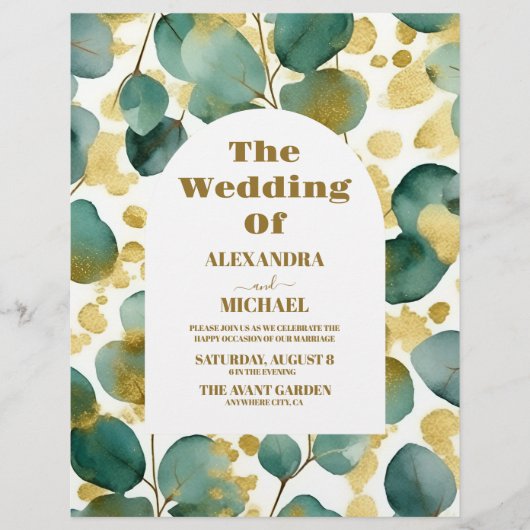 Budget Groen Goud Glitter Eucalyptus Bruiloft Flyer (Voorkant)