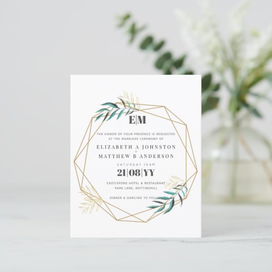 Budget Groen Gouden Geometrische Trouw Uitnodiging (Staand voorkant)