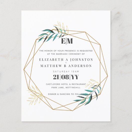 Budget Groen Gouden Geometrische Trouw Uitnodiging (Voorkant)