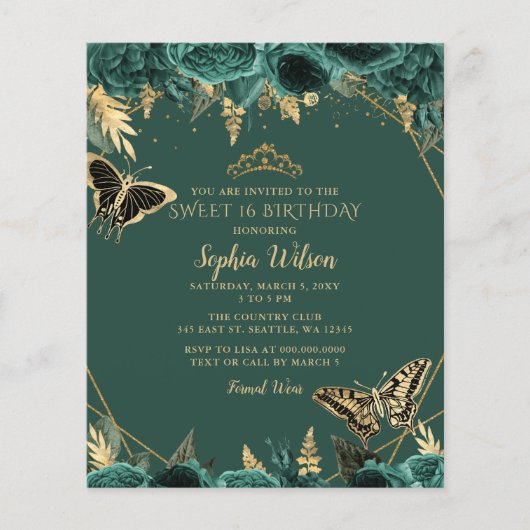 Budget Groen Gouden Vlinder Sweet 16 Uitnodiging (Voorkant)