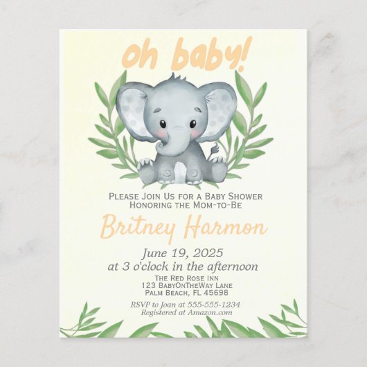 Budget groen olifant neutrale babyshower (Voorkant)