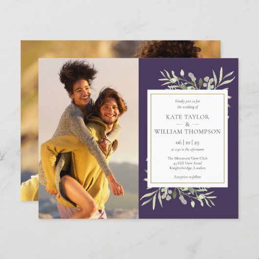 Budget groen paars foto trouw uitnodiging (Voorkant / Achterkant)