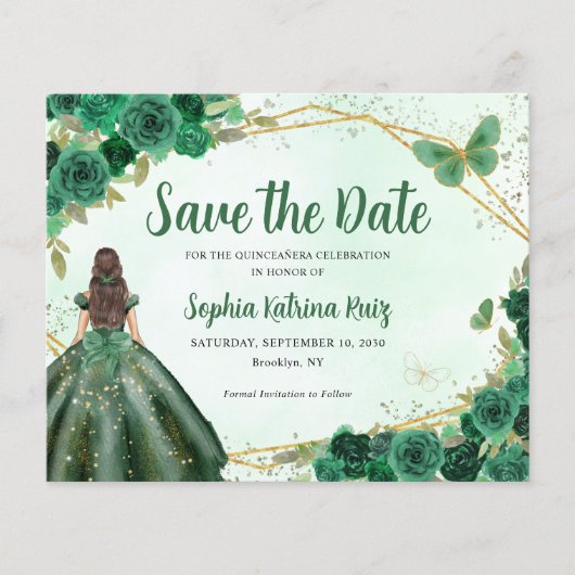 Budget Groen Prinses Quinceañera Save the Date (Voorkant)