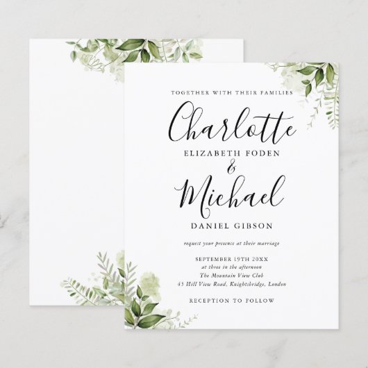 Budget groene bladeren script huwelijksuitnodiging (Voorkant / Achterkant)
