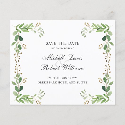 BUDGET Groene bladeren Zomerbruiloft BEWAAR DATUM (Voorkant)