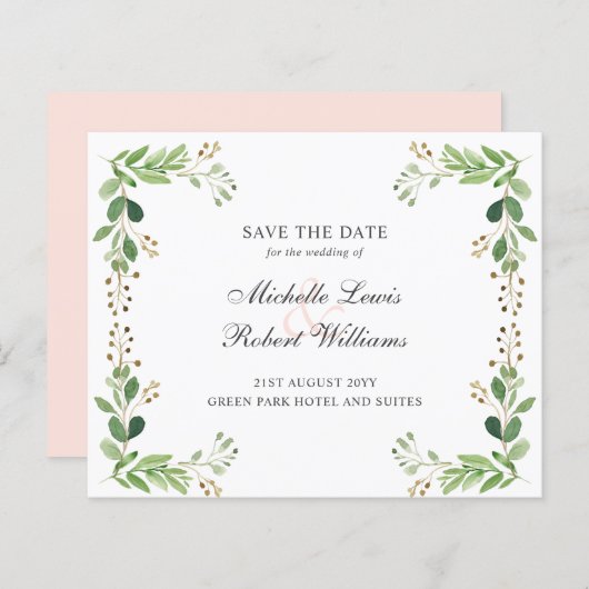 BUDGET Groene bladeren Zomerbruiloft BEWAAR DATUM (Voorkant / Achterkant)