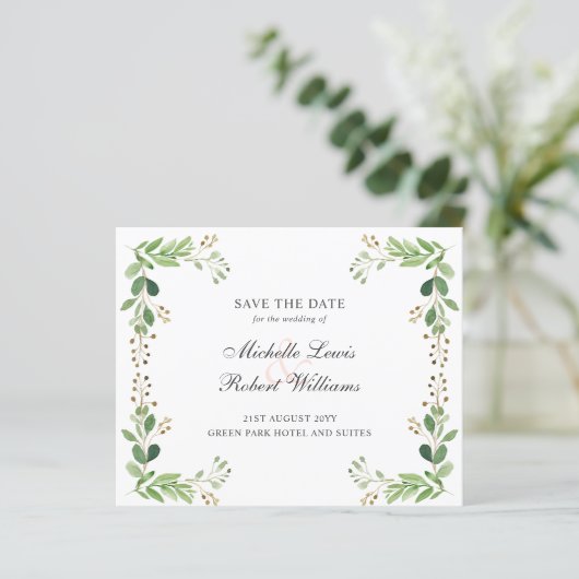 BUDGET Groene bladeren Zomerbruiloft BEWAAR DATUM (Staand voorkant)