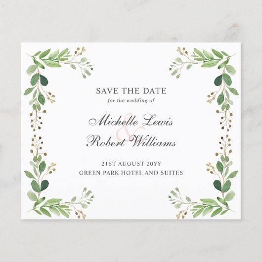 BUDGET Groene bladeren Zomerbruiloft BEWAAR DATUM (Voorkant)