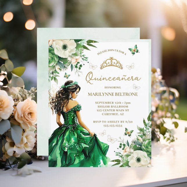 Budget groene bloemjurk vlinder Quinceañera  (Creator heeft geüpload)