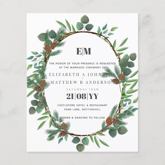 Budget  Groene dennenappel huwelijksuitnodiging (Voorkant)