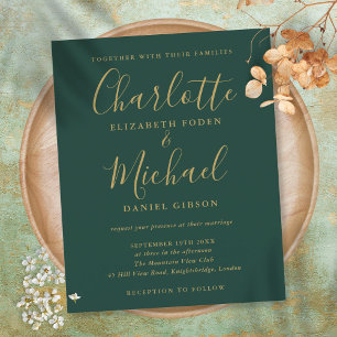 Budget groene en gouden script huwelijksuitnodigin
