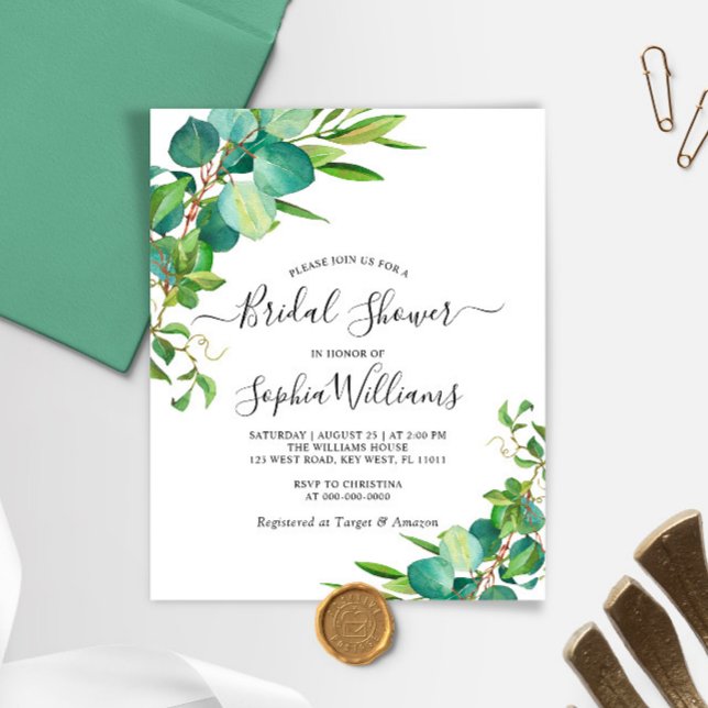Budget Groene Eucalyptus Bridal Shower Uitnodiging (Creator heeft geüpload)