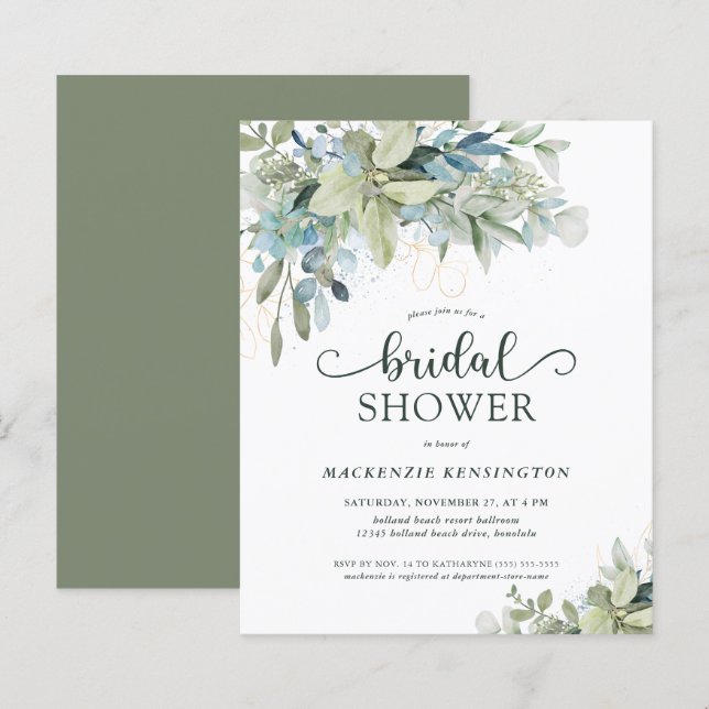 BUDGET Groene Eucalyptus Bridal Shower Uitnodiging (Voorkant / Achterkant)