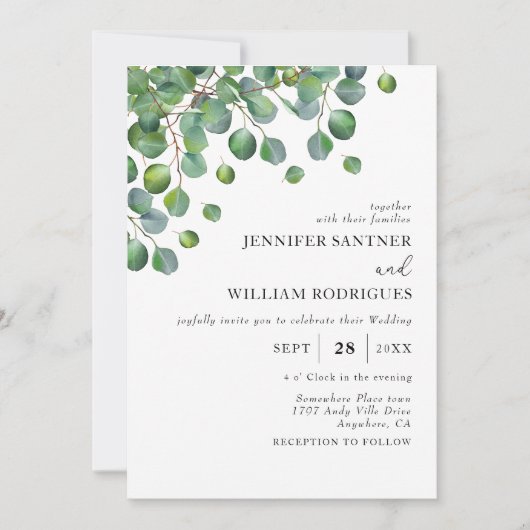 Budget Groene Eucalyptus Foliage Bruiloft Kaart (Voorkant)