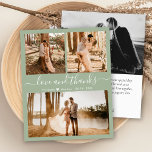 Budget Groene Foto Collage Weddenschap Hartelijk d<br><div class="desc">Budget, Modern, Elegant, Hand Lettered Wedding Sage Green (3) Drie Foto Collage Dank u gepersonaliseerd betaalbaar, dunne kaart met laag budget. Stijlvolle bruiloft bedankt je sjabloon met drie foto's op de voorkant en één foto op de achterkant. ***GELIEVE OPMERKING TE MAKEN! *** BUDGET PAPIER/FLYER IS PAPIER THIN. *** UPGRADE HET...</div>