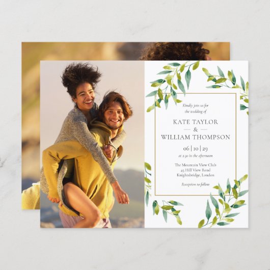 Budget groene foto's trouwkaart (Voorkant / Achterkant)