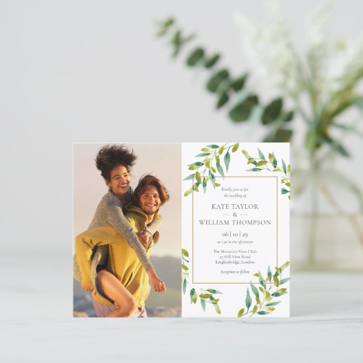 Budget groene foto's trouwkaart (Staand voorkant)