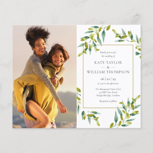 Budget groene foto's trouwkaart (Voorkant)
