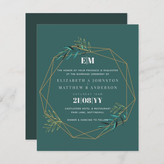 Budget groene gouden geometrische trouwuitnodiging (Voorkant / Achterkant)