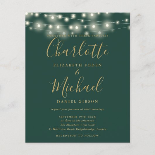 Budget Groene Gouden Lichten Foto Bruiloft Uitnodi (Voorkant)