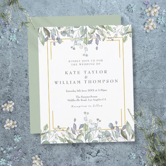 Budget groene lila bloemen bruiloft uitnodiging