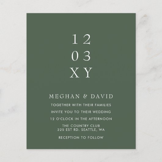 Budget groene moderne trouwkaart (Voorkant)
