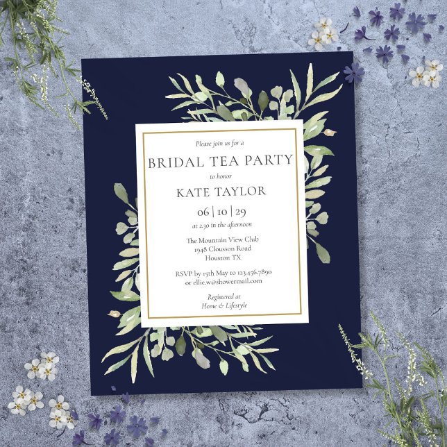 Budget groene Navy-blauwe bruidstea feest uitnodig (Budget Greenery Navy Blue Bridal Tea Party Invite)
