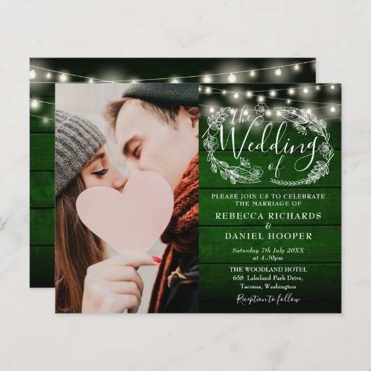 Budget Groene Rustieke String Foto Bruiloft Uitnod (Voorkant / Achterkant)